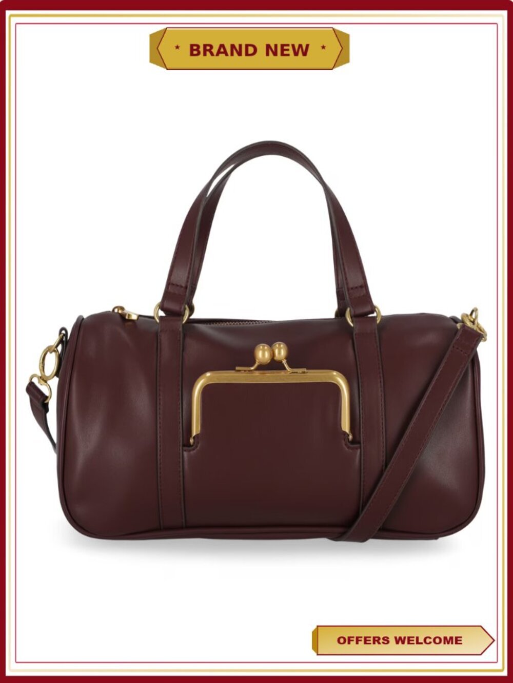 Faux Leather Frame Satchel Handbag with Kiss-Lock Pocket, Structured Everyday
